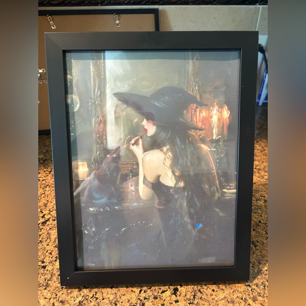 Glamorous Witch Applying Lipstick with Cat Framed Art Print 8x10